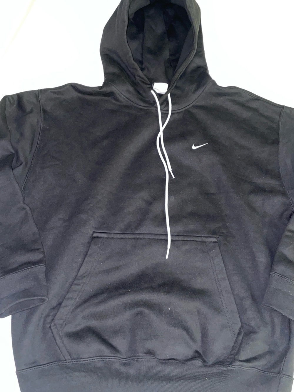 Nike Heavyweight Black Hoodie with White Swoosh and Drawstrings